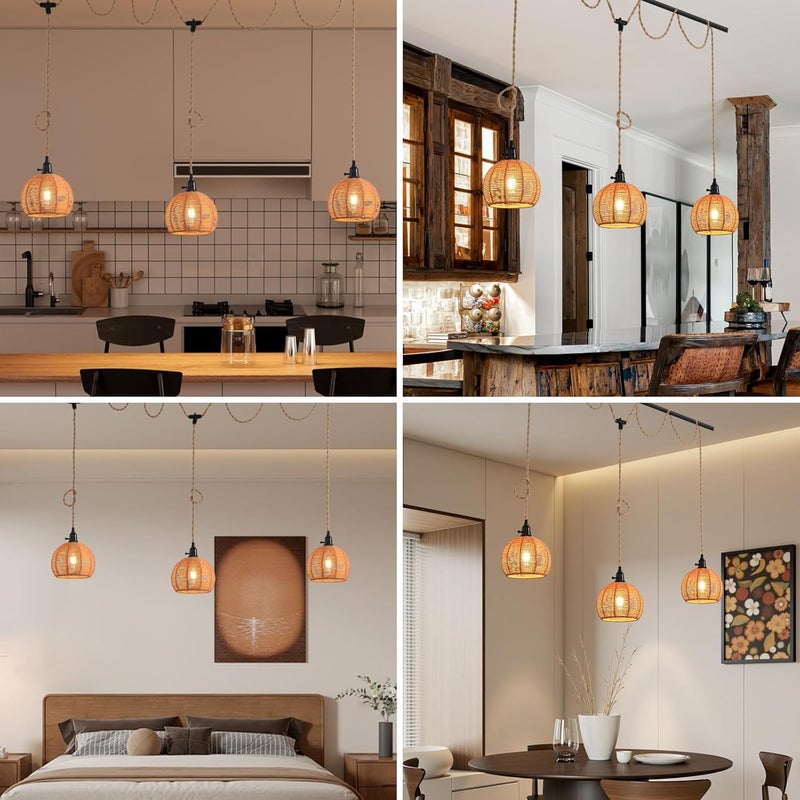 KENMI 3-Light Hanging Light with Plug in Cord,Plug in Pendant Light 22ft Hemp Rope Pendant Lighting Vintage 3-Light Hanging Lamp Fixtures for Kitchen Island Living Room Bedroom - Image 5